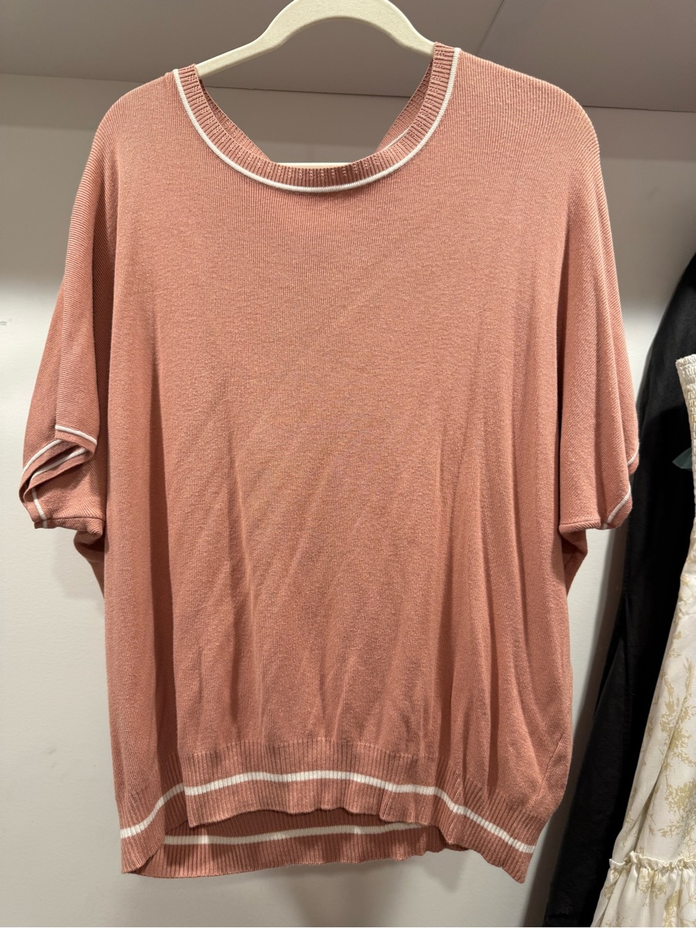 Amazon Women's Blush Pink Short Sleeve Knit Top with White Trim